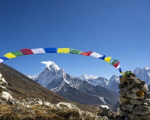 Buddhist Prayer Flag With Beautiful Mountain Background