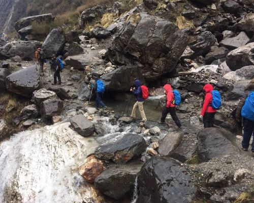 Crossing The Small River In Annapurna Base Camp Trek